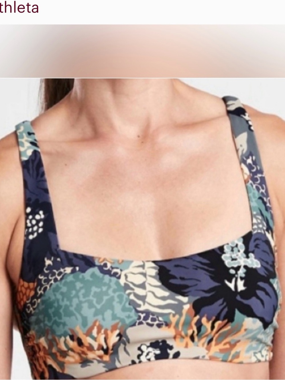 Athleta Floral Swim Top in Navy, Teal & tan neutrals. 34 B/C adjustable straps